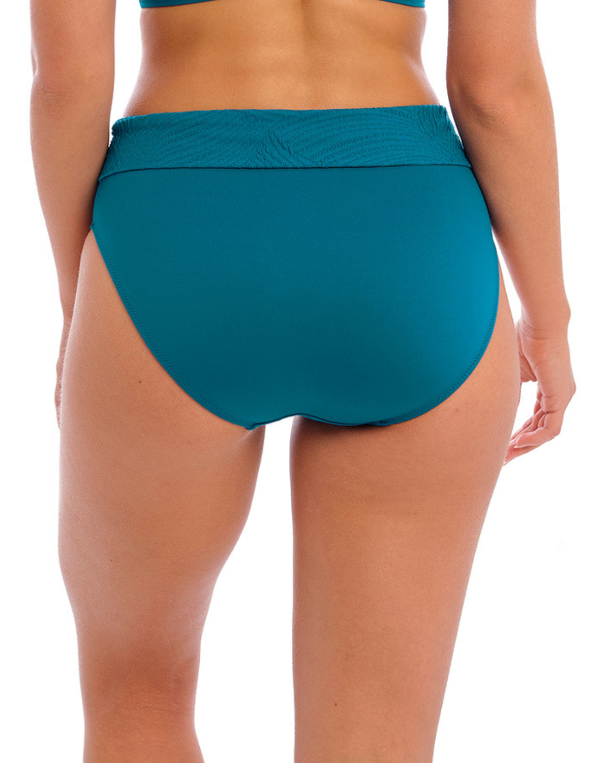 Model wearing a high waist bikini bottom with a side tie in blue