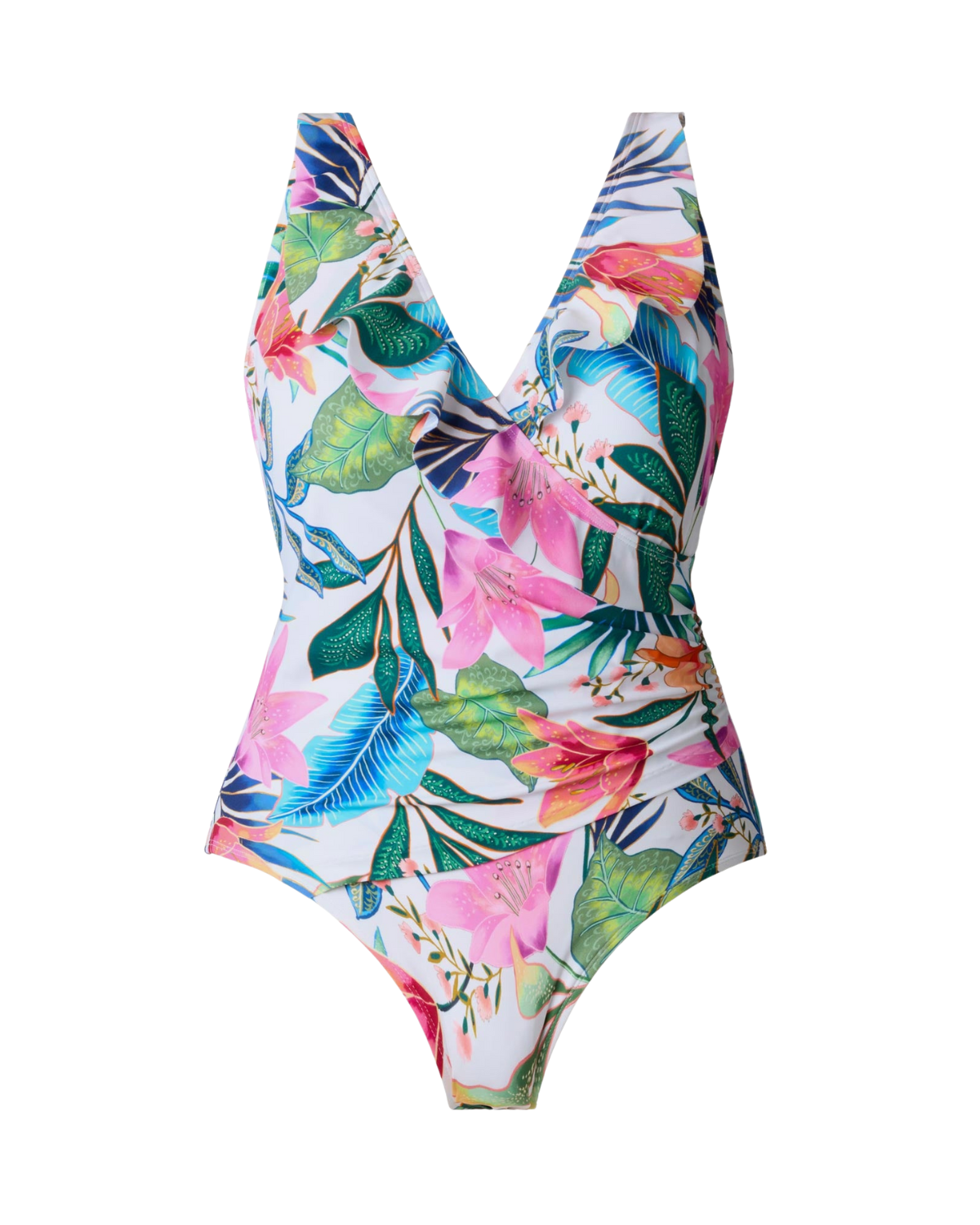 Longitude Midnight Plumeria Long Torso Ruffle Front Surplice One Piece - L260286