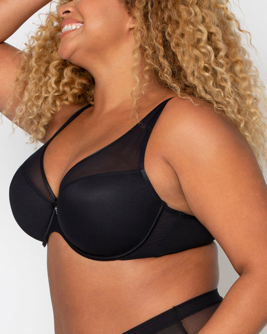 Curvy Couture Sheer Mesh Plunge Underwire Bra (More colors available) - 1310 - Black