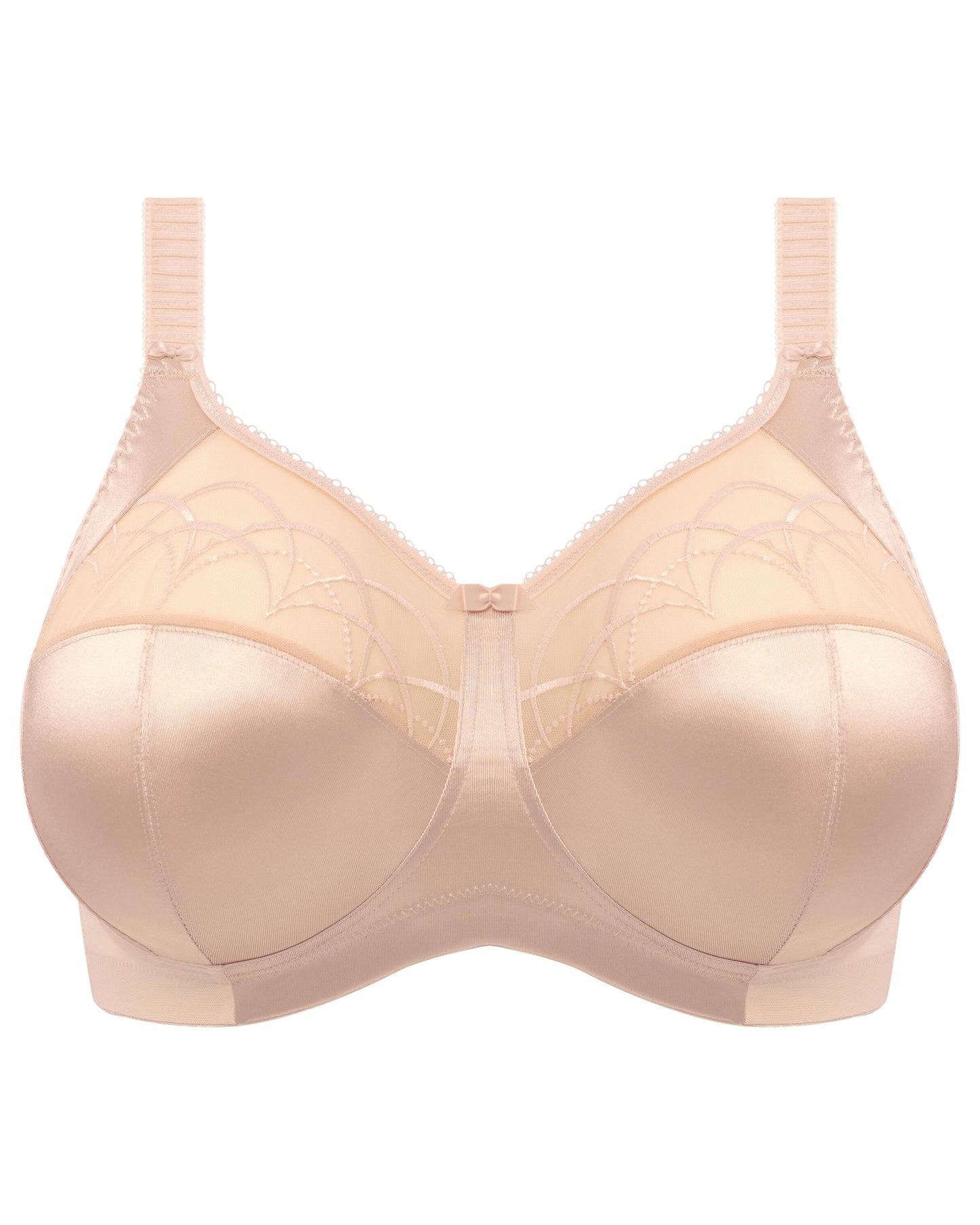 Model wearing a soft cup wire free bra in nude/ beige