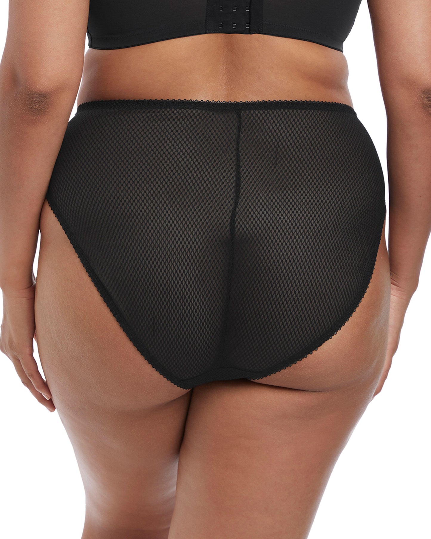 Model wearing a hi cut full brief panty in black