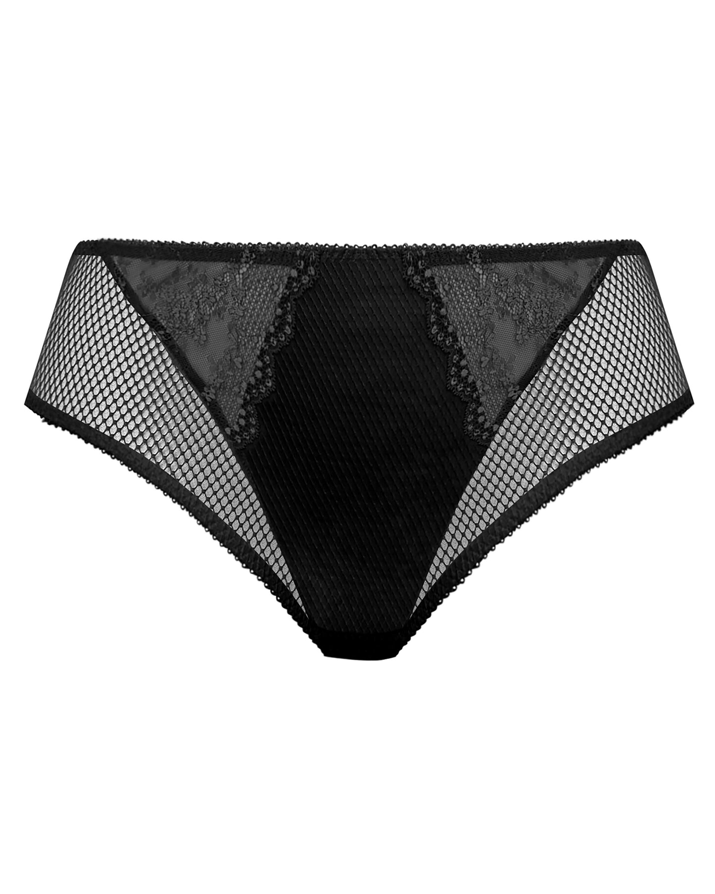 Flat lay of a hi cut full brief panty in black