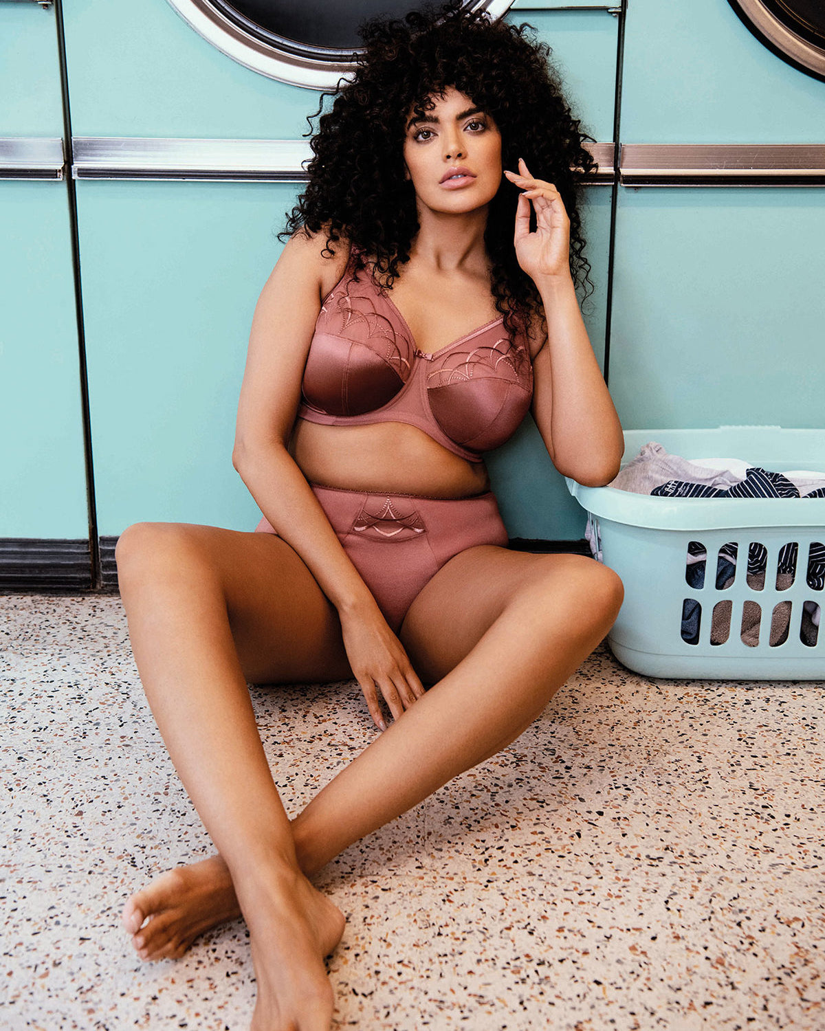 Model wearing a soft cup underwire bra in rose pink