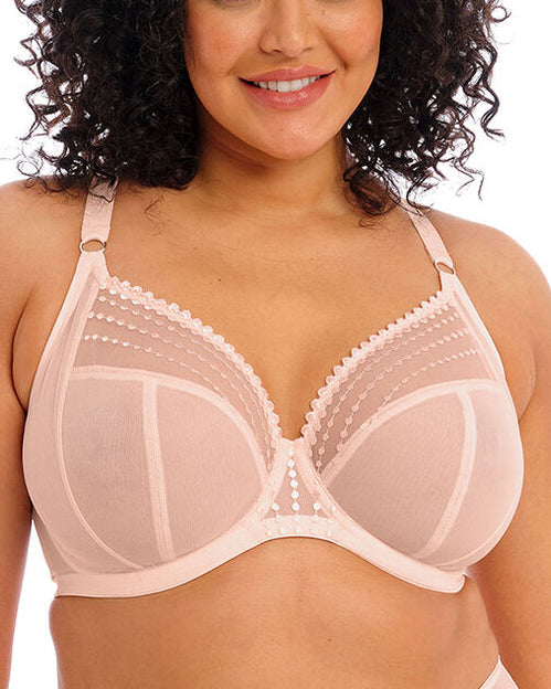 Model wearing a mesh underwire plunge bra in pink