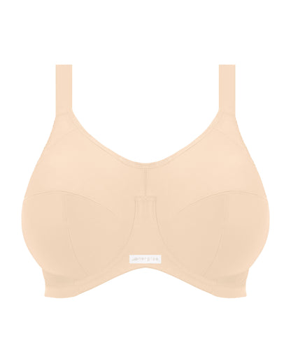 Flat lay of an underwire sports bra in nude/ beige