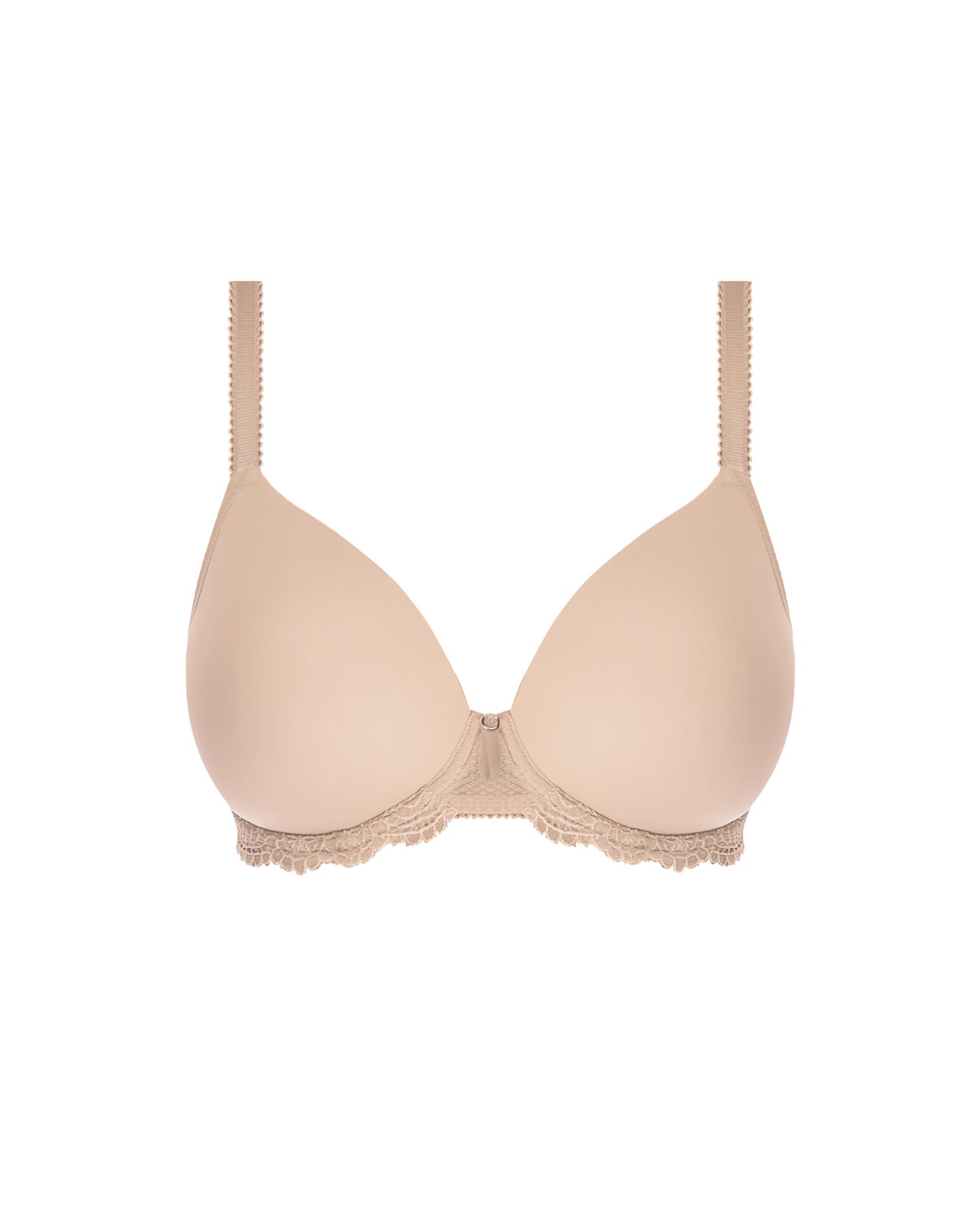 Flat lay of a molded plunge underwire bra in beige
