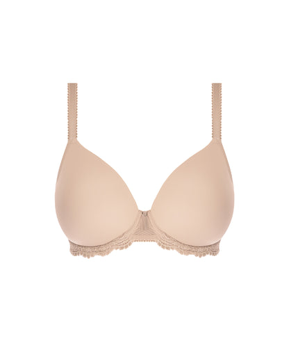Flat lay of a molded plunge underwire bra in beige