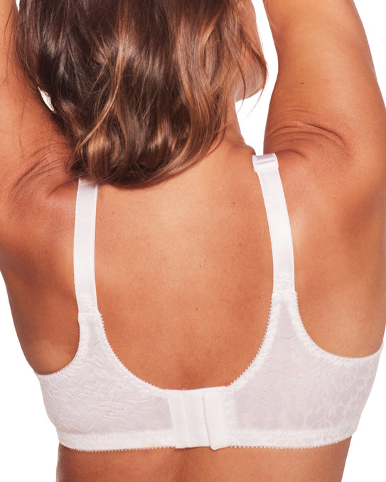 Model wearing a full coverage wire-free jacquard lace fabric bra with adjustable straps in white