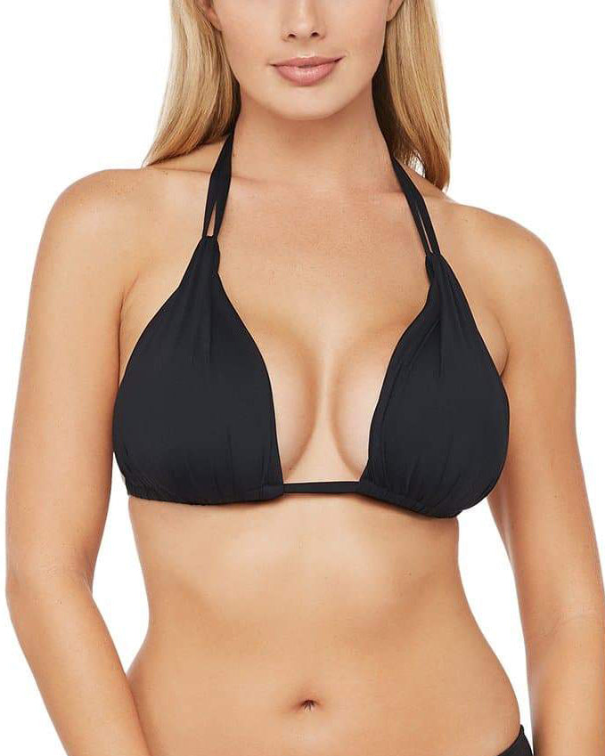 Model wearing a halter triangle top in black