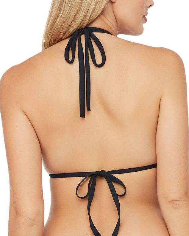 Model wearing a halter triangle top in black