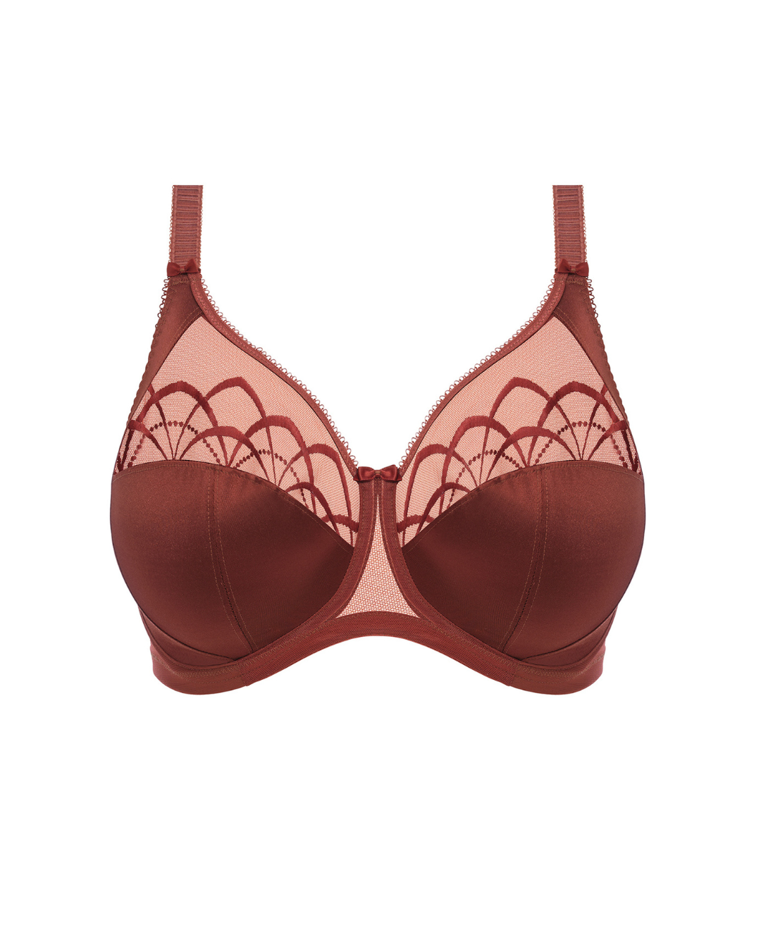 Flat lay of an underwire bra in dark copper