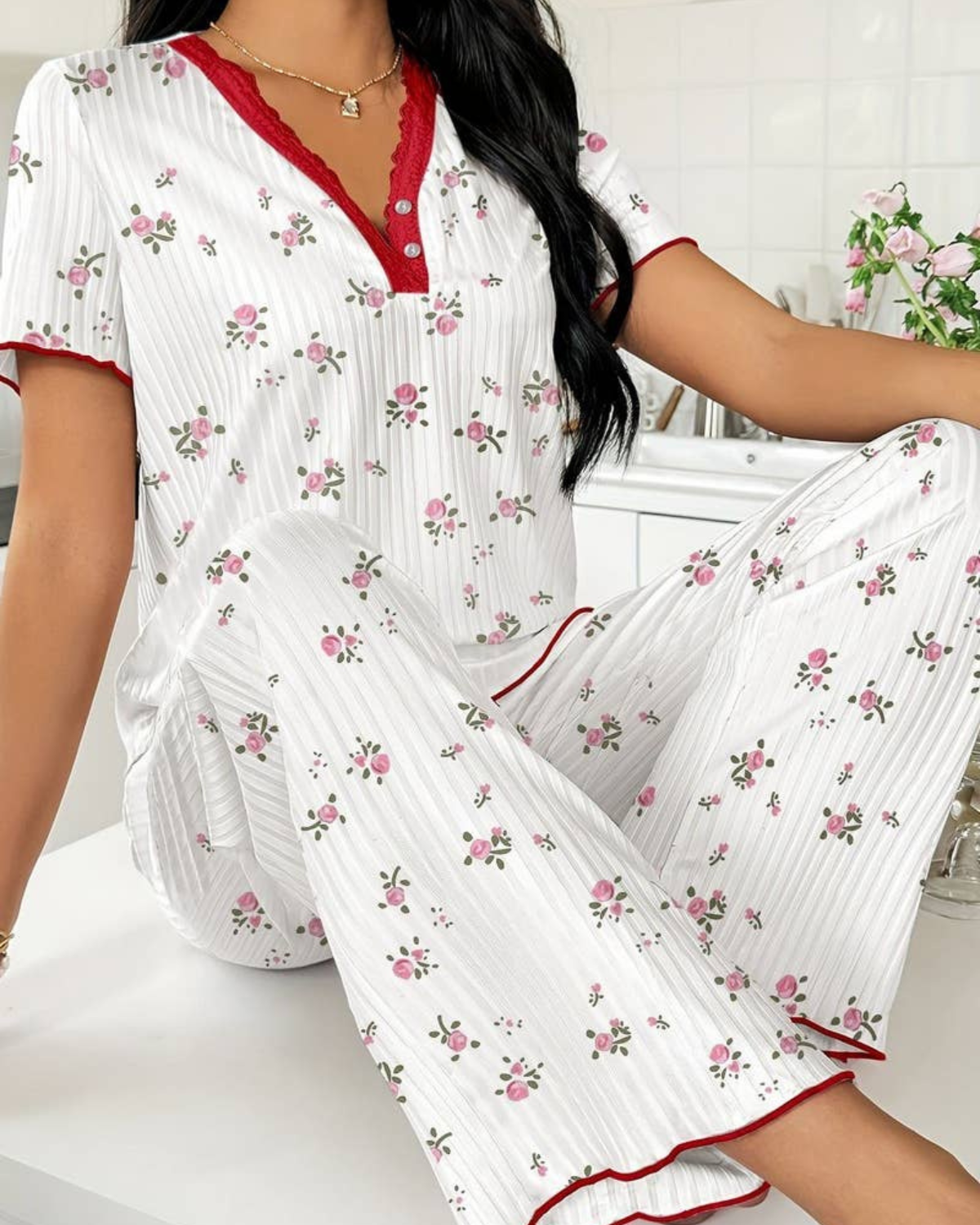 NINEXIS Printed Short Sleeve Top and Pants Pajama Set - CWSPJ00483