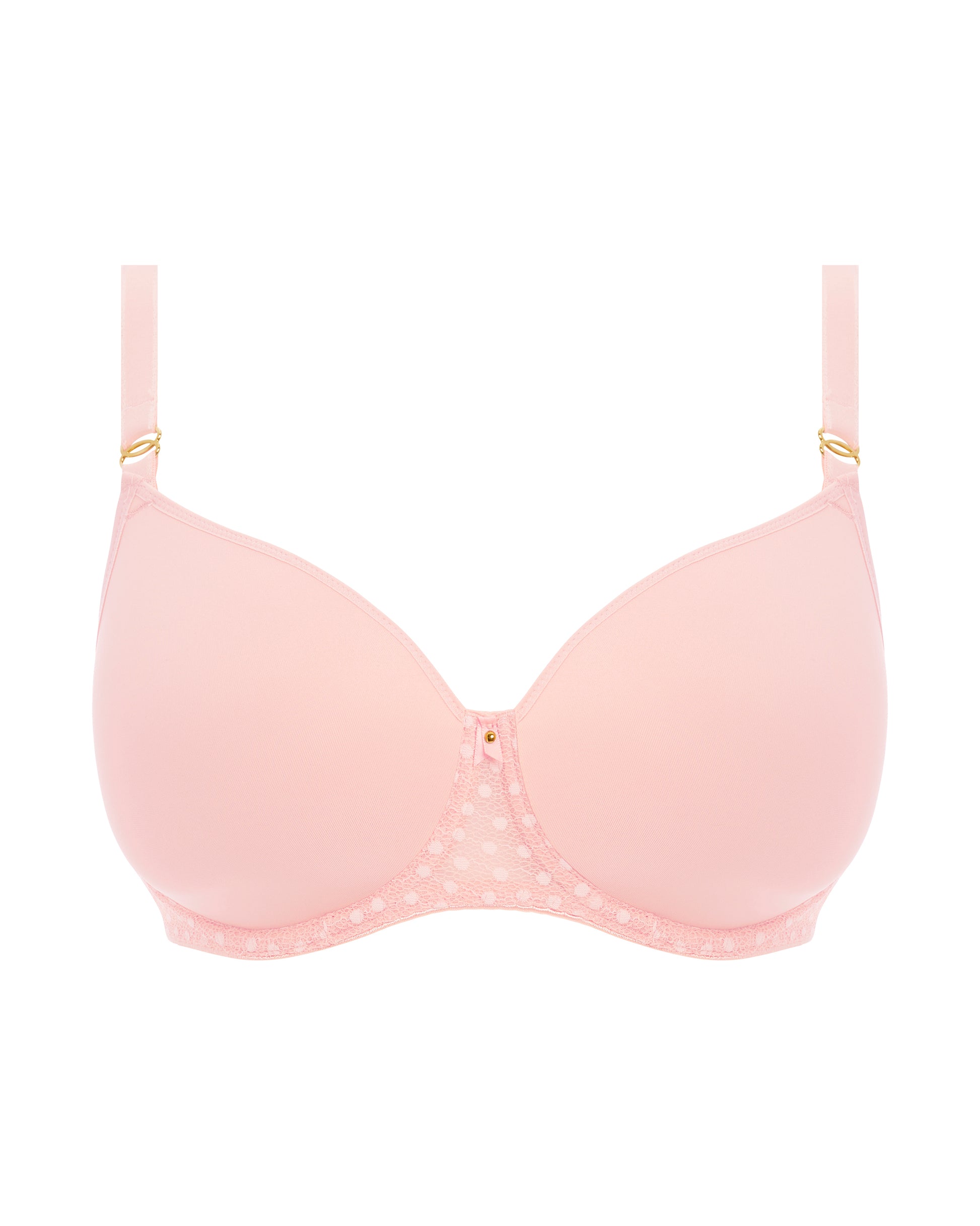 Flat lay of a molded t-shirt underwire bra in pink