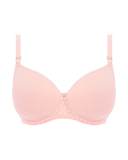 Flat lay of a molded t-shirt underwire bra in pink