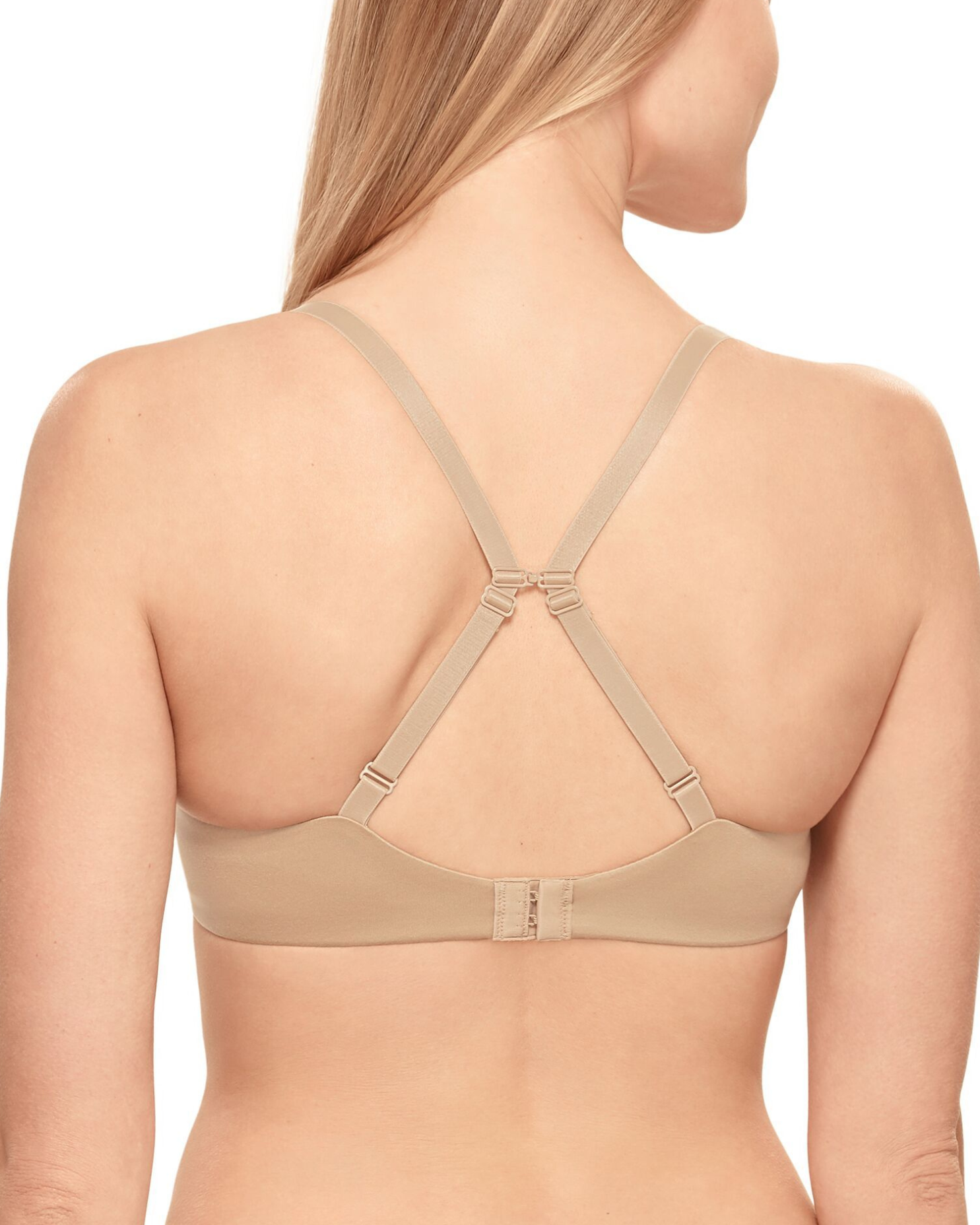 Model wearing a molded underwire t-shirt bra in beige