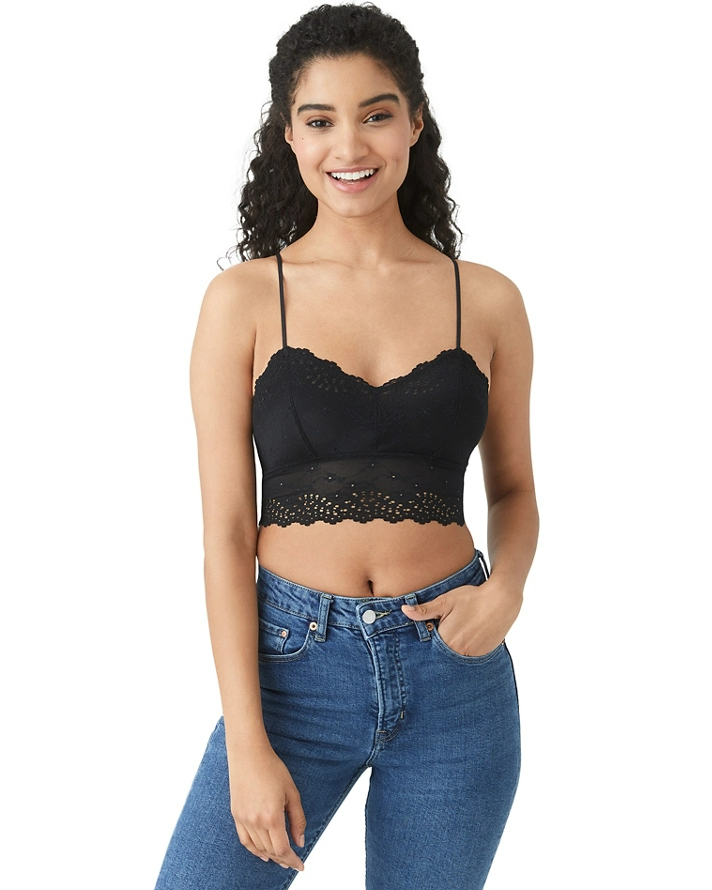 Model wearing a lace wire free bralette in black