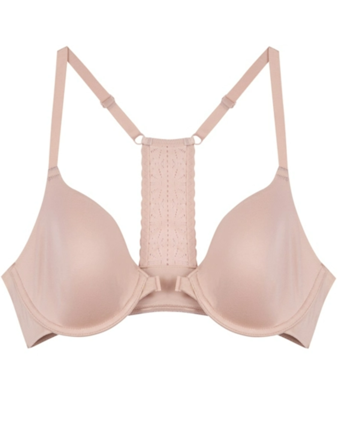 Flat lay of a molded underwire front-closure t-shirt bra with a lace t-back and adjustable straps in light pink