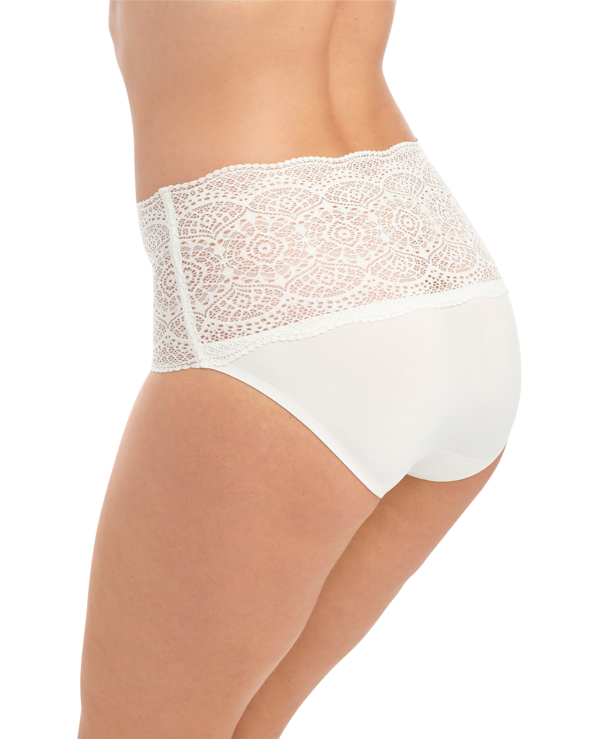 Model wearing a wide lace band brief panty in white