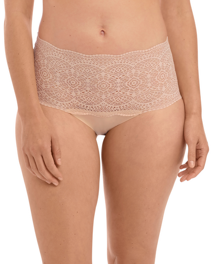 Model wearing a wide lace band brief panty in beige