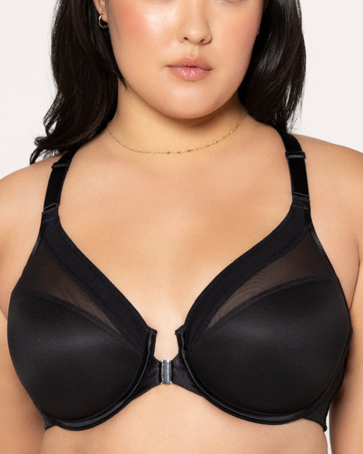 Curvy Couture Sheer Mesh Front-Close Racerback T-Shirt Bra - 1619 - Black