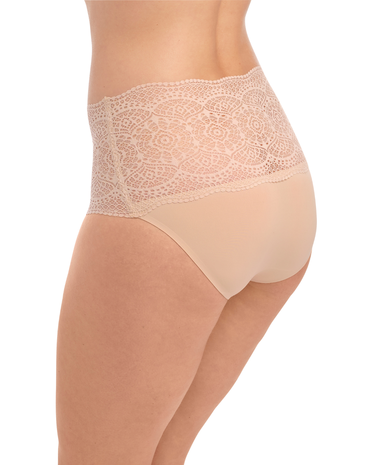 Model wearing a wide lace band brief panty in beige