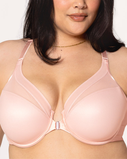 Curvy Couture Sheer Mesh Front-Close Racerback T-Shirt Bra - 1619 - Blush Rose