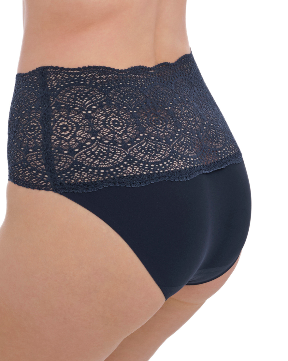 Model wearing a wide lace band brief panty in navy