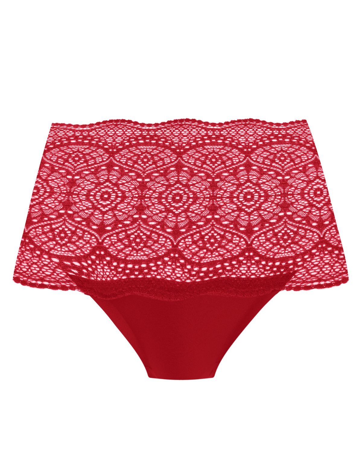 Flat lay of a wide lace band brief panty in red