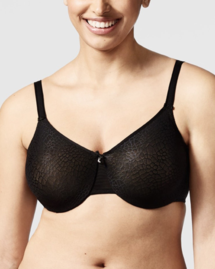 Model wearing a soft cup underwire bra in black