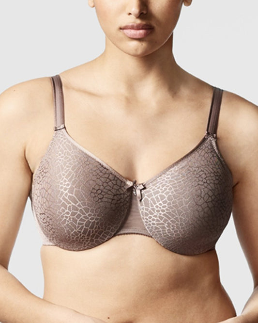 Model wearing a soft cup underwire bra in hazelnut