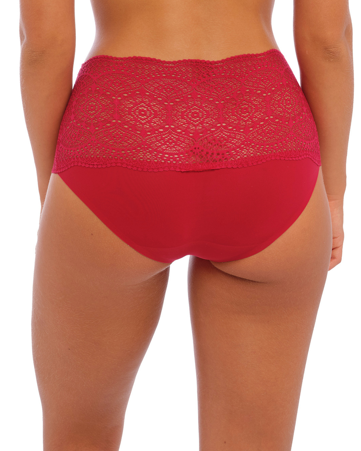 Model wearing a wide lace band brief panty in red