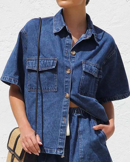 Sweet Kama Denim Turndown Collar Short Sleeve Top - SKST5KC72T