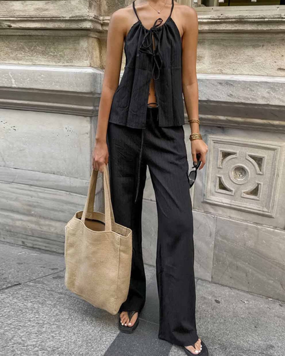 Sweet Kama Crinkle String Tie Cami Top and Pants Set - SKST5X58