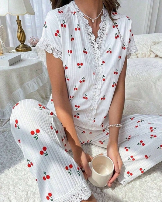 NINEXIS Print Lace Trim Short Sleeve Pajama Set - CWSPJOO468