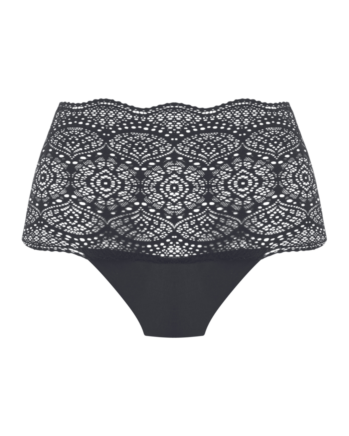 Flat lay of a wide lace band brief panty in black