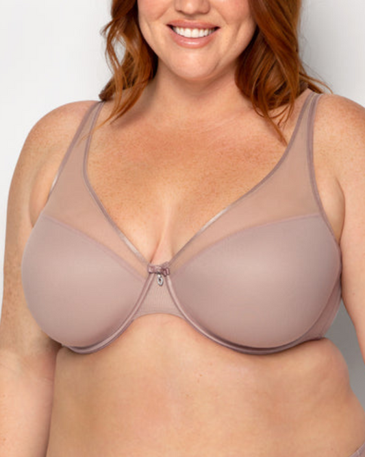 Curvy Couture Sheer Mesh Plunge Underwire Bra (More colors available) - 1310 -Bark