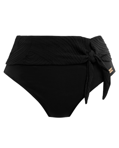 Flat lay of a high waist bikini bottom with a side tie in black