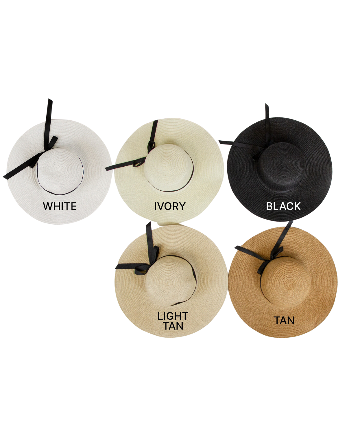 Flat lay on a white background of 5 floppy beach hats with a black ribbon band showing the different color variations from left to right it shows a White, Ivory, Black, Light Tan and Tan.
