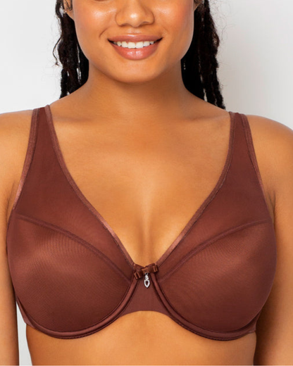 Curvy Couture Sheer Mesh Plunge Underwire Bra - 1310 - Chocolate