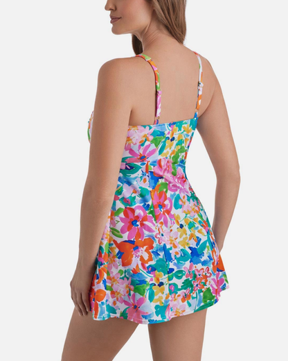 Shape Solver Summer Splash Square Neck Princess Seam Swim Dress - SV260365