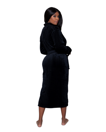Model wearing a long plush robe in black
