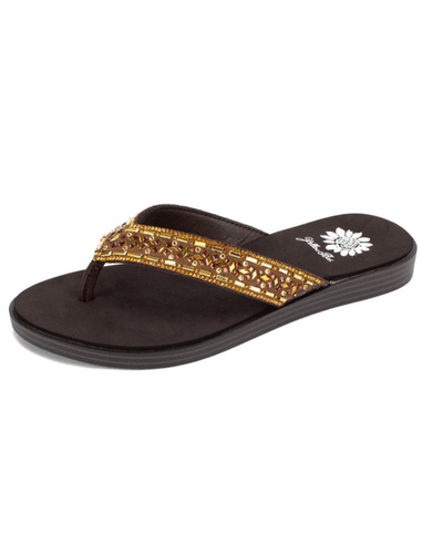 Women's brown sandal with brown and yellow rhinestones on the strap