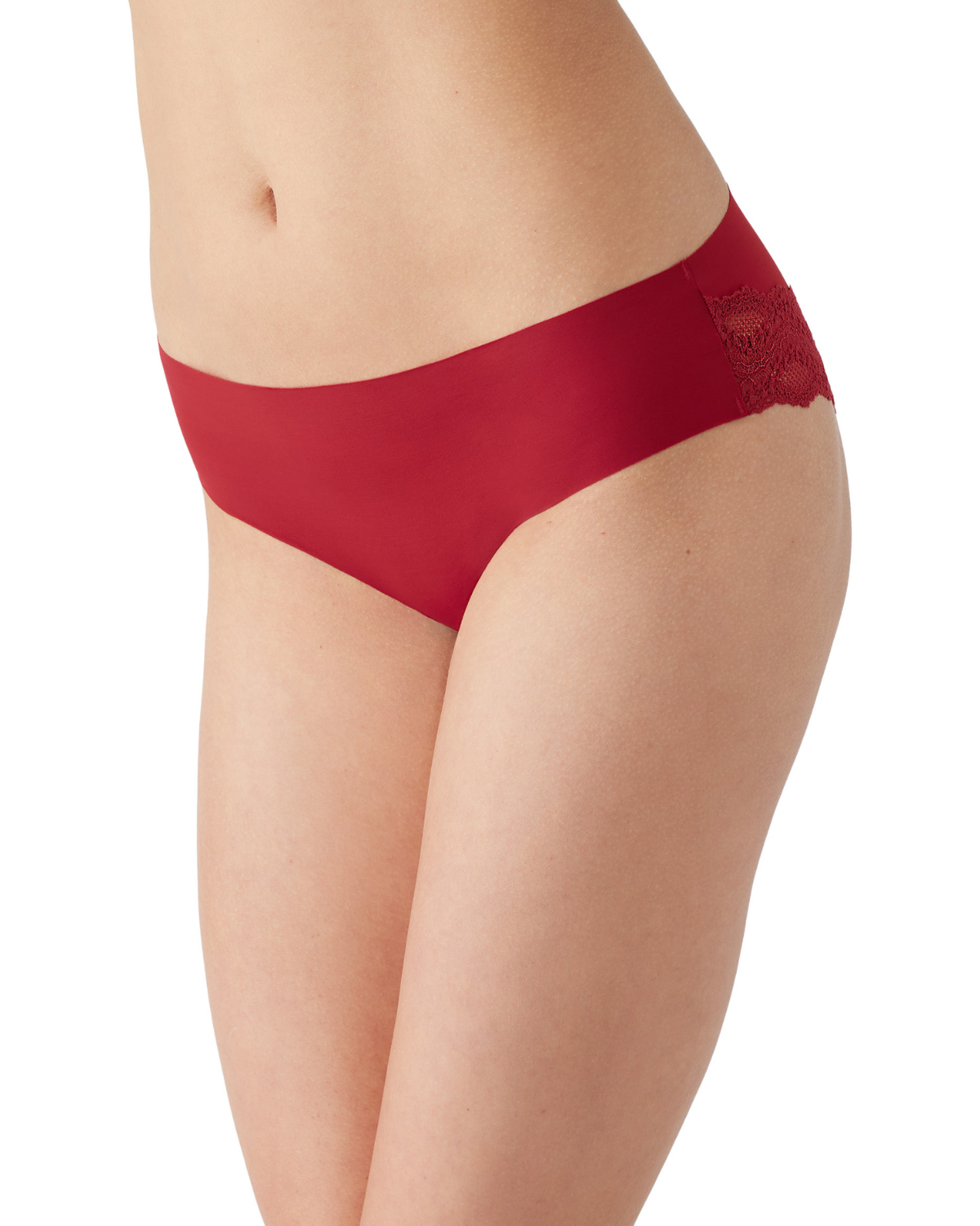 Women's red seamless hipster panty with  cheeky lace back.
