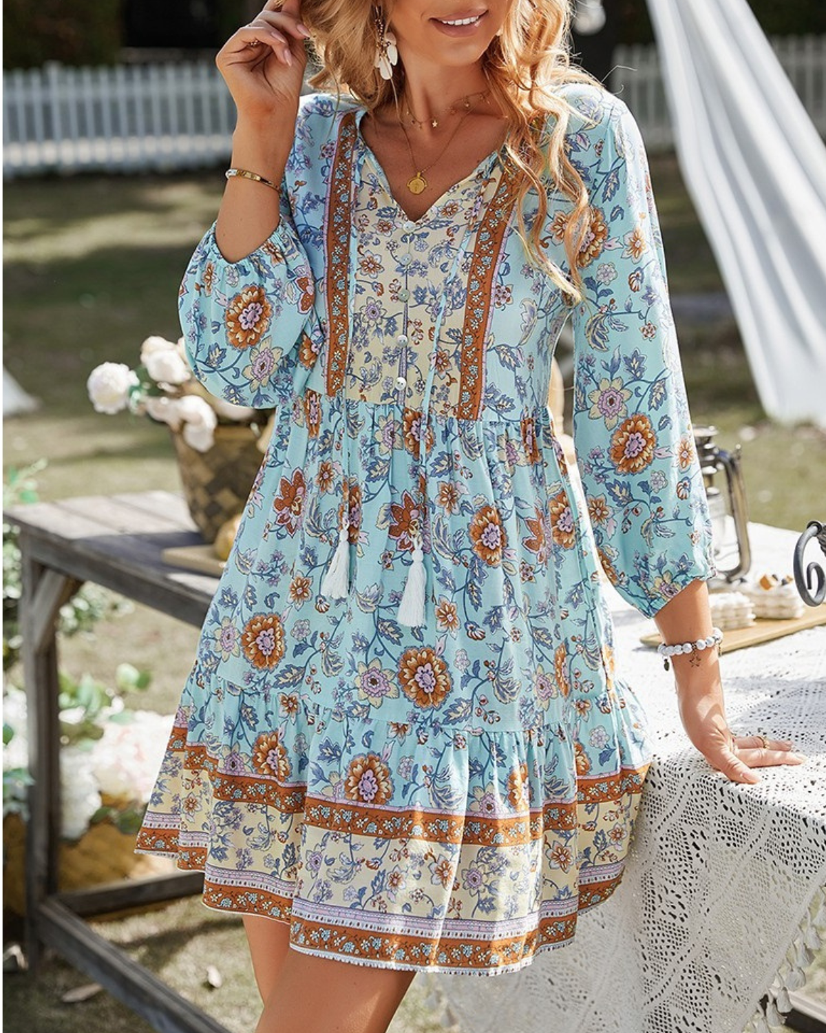 Supreme Fashion Floral Button Down V Neck Long Sleeve Dress - D22130