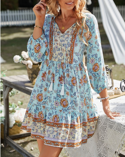 Supreme Fashion Floral Button Down V Neck Long Sleeve Dress - D22130