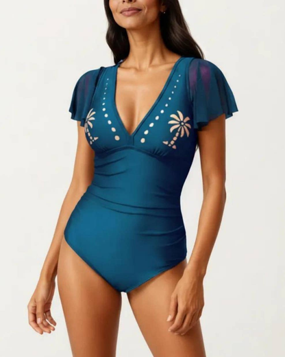 Anna Kaci Flutter Sleeve V Neck One Piece Swimsuit - JP1215