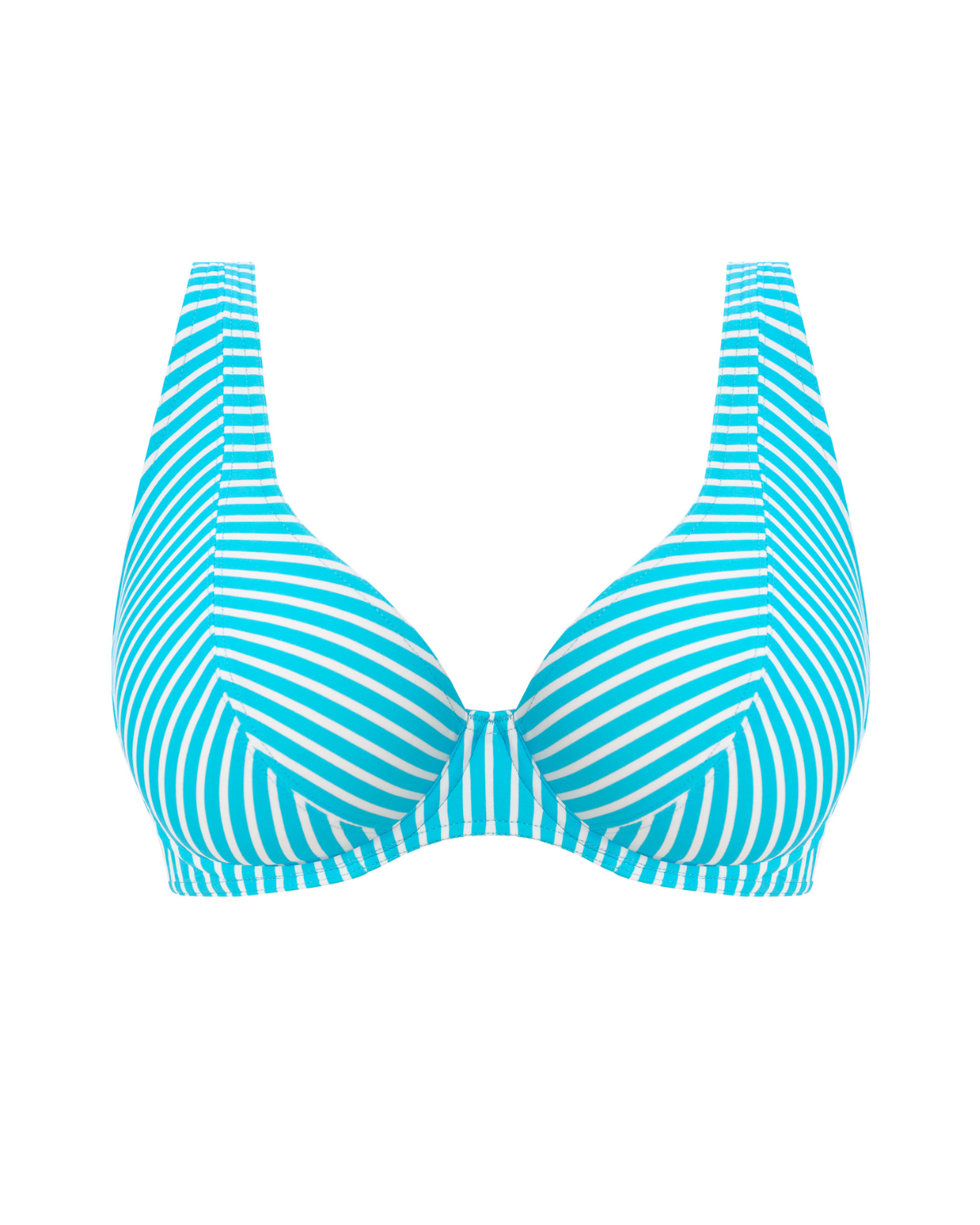 Flat lay of an underwire bikini top in a turquoise and white stripe print