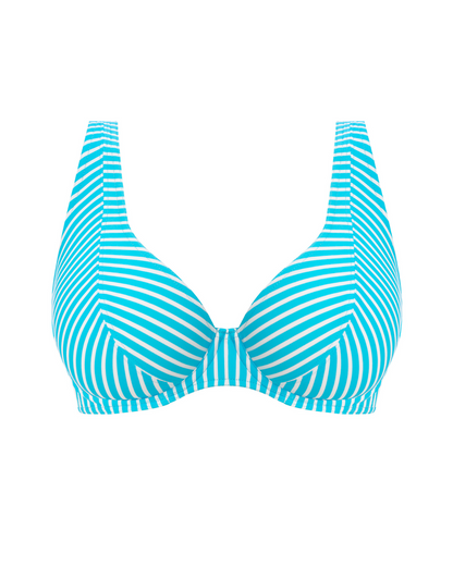Flat lay of an underwire bikini top in a turquoise and white stripe print