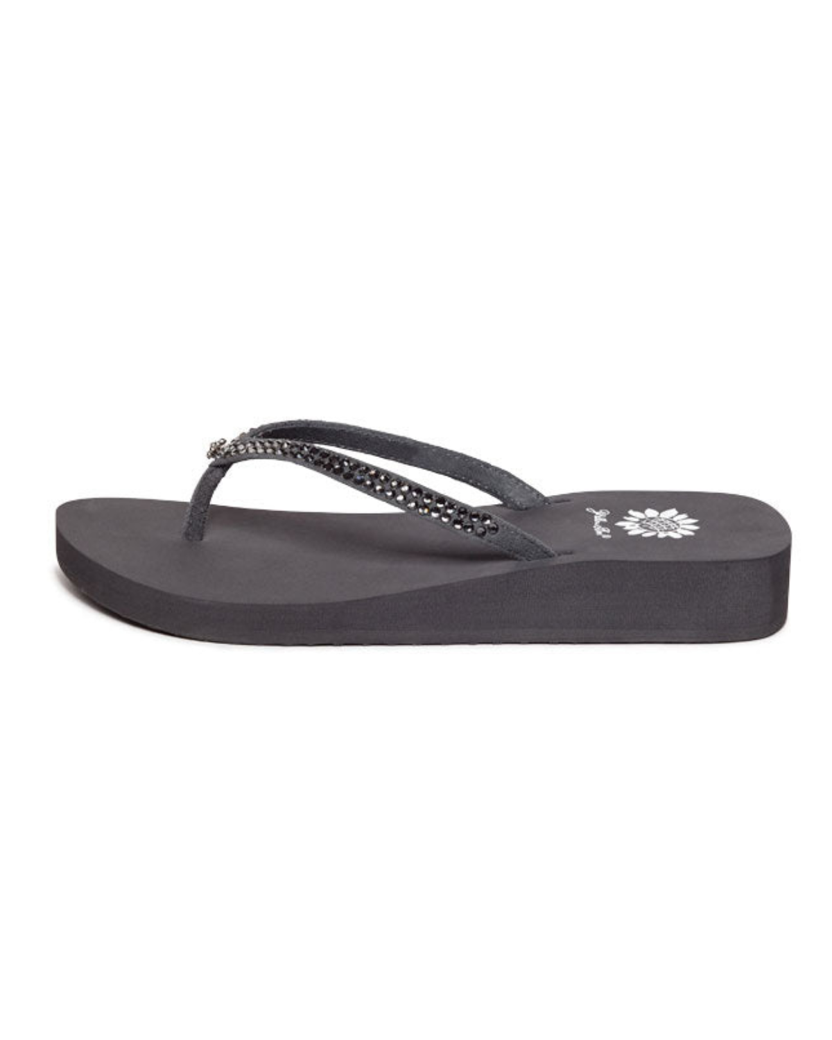 Women's grey wedge sandal with black rhinestones on the strap.