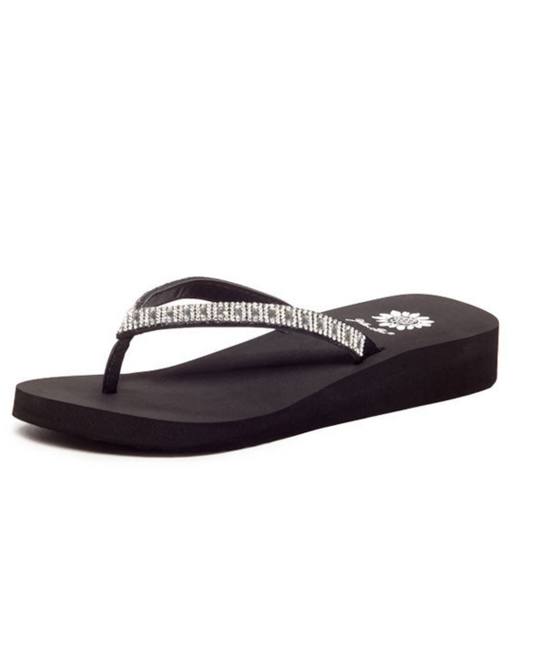 Women's black wedge sandal with rhinestones on the straps.